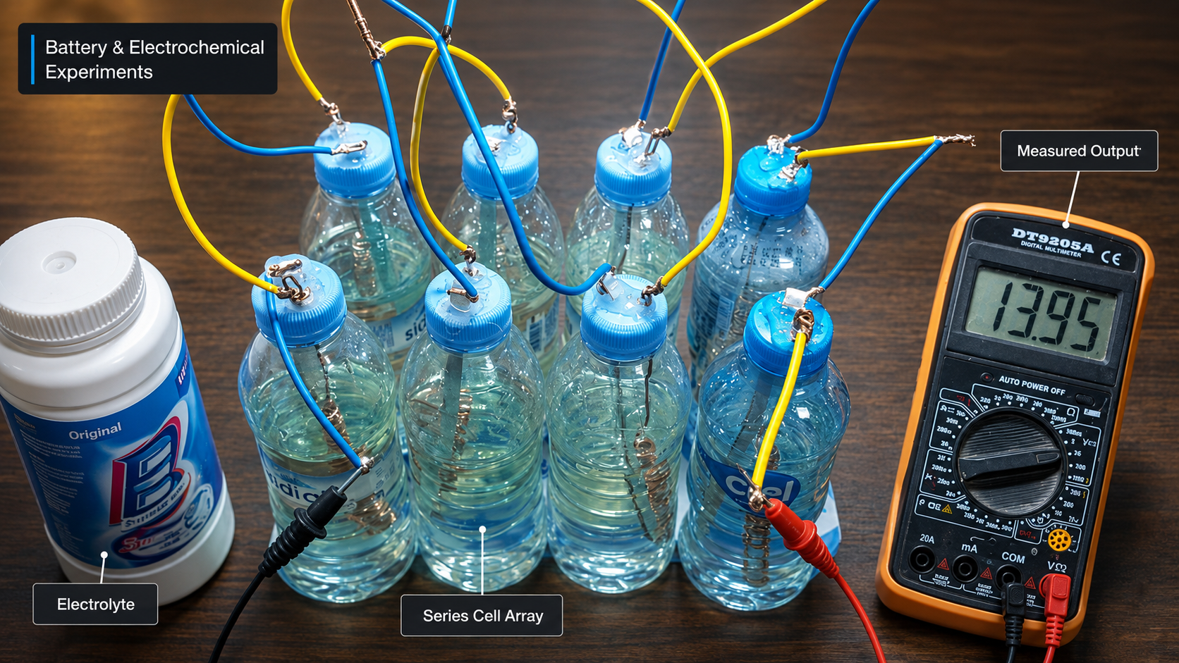 Multi-cell experimental arrangement with a measured voltage of approximately 13.95 V.