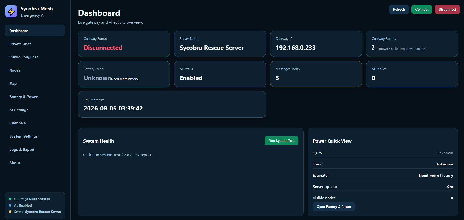Computer dashboard for gateway, AI and system-status monitoring.